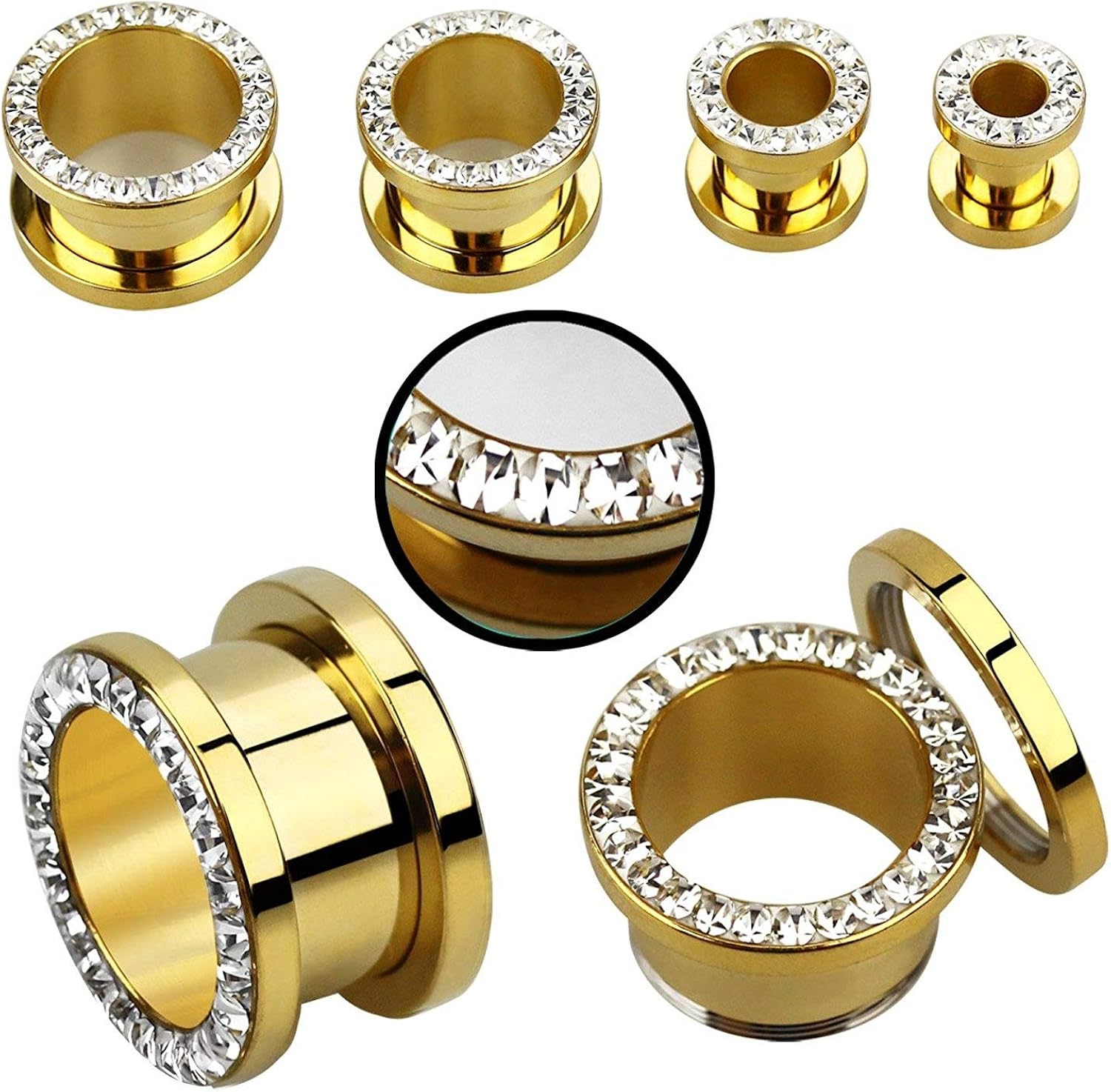 1 x Ohr Piercing Flesh Tunnel in 10 mm Ø Gold beschichtet mit Steine und Überzug Amazon.de Schmuck