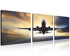 TutuBeer Vintage Airplane Wall Art Vintage Airplane Decor Airplane at Sunset Old Paper Airplane Picture Canvas Airplane Wall Art Stretched and Framed Aircraft Picture Artwork for Home Decor,3 pcs/Set