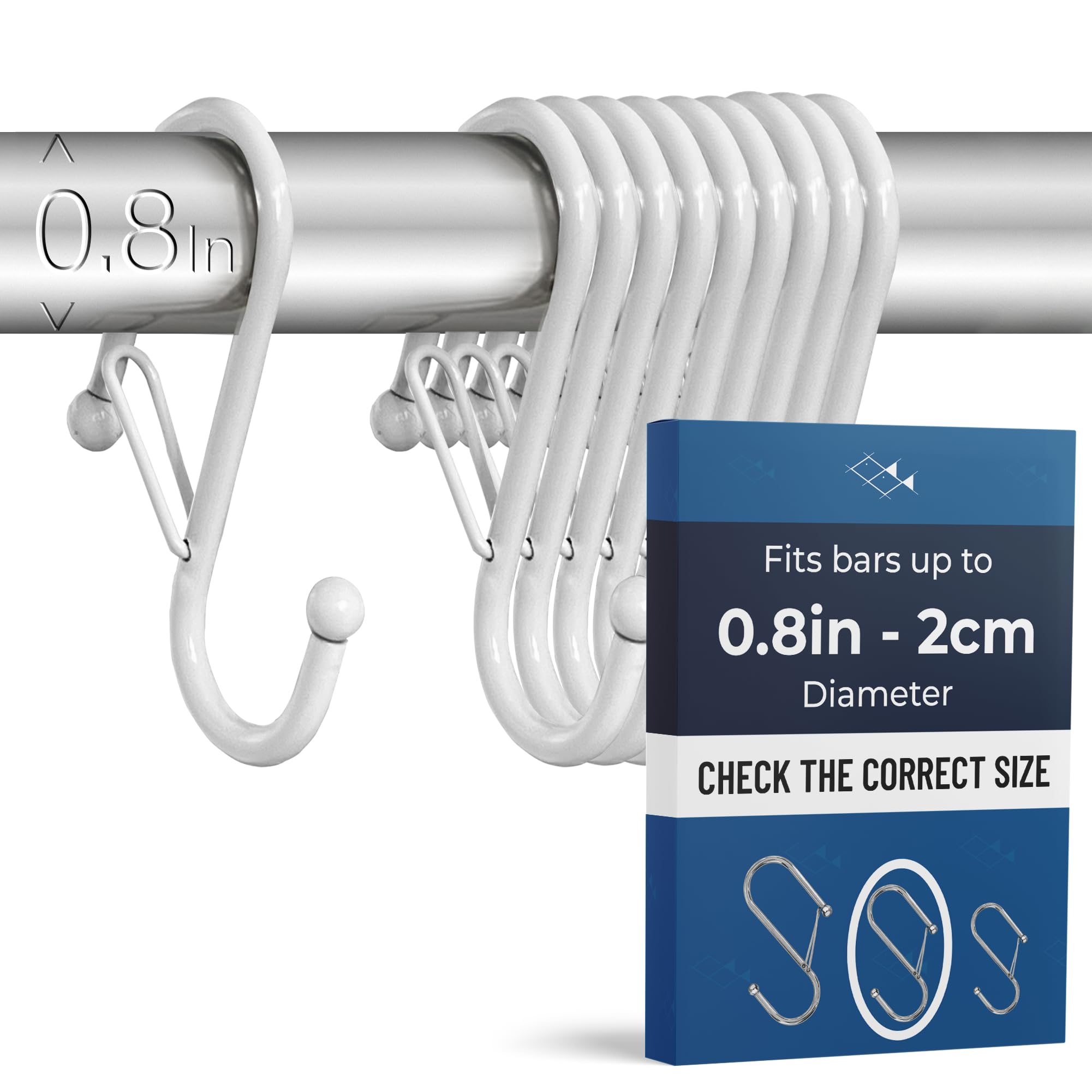 Blau Marité 10 Pack S Hooks for Hanging for Bars up to 0.8 Inch (2 cm) Diameter - Anti-Drop Hooks with Safety Lock – Heavy-Duty for Kitchen, Bathroom & Closet – White (Medium)