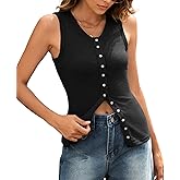 ADORPOP Ribbed Tank Tops for Women - Sleeveless Blouse Crew Neck Button Down Vest Shirts Slim Fit Summer Casual Basic Top