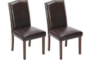 Sweetcrispy Dining Chairs Set of 2, Upholstered Leather Kitchen Room Chairs Mid Century Modern High-End Dining Room Side Chairs with Nailhead Trim and Wood Legs for Bedroom, Living Room, Brown
