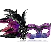MYSEUNI 2025 New Masquerade Masks for Women Purple - Mardi Gras Mask for Women with Feathers - Womens Mascarade Venetian Mask for Masquerade Party, Halloween Ball, Cosplay Prom, Christmas