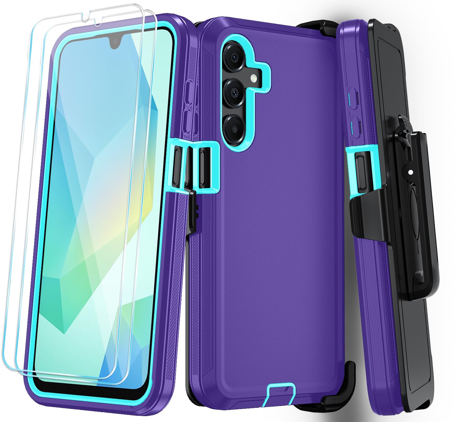 Qinmay Phone Case for Samsung Galaxy A17 5G Case, Galaxy A16 5G Case with HD Screen Protector, Heavy Duty Shockproof 3-Layer Cover Phone Case for Galaxy A17 / A16 ，BeltClip_Purple