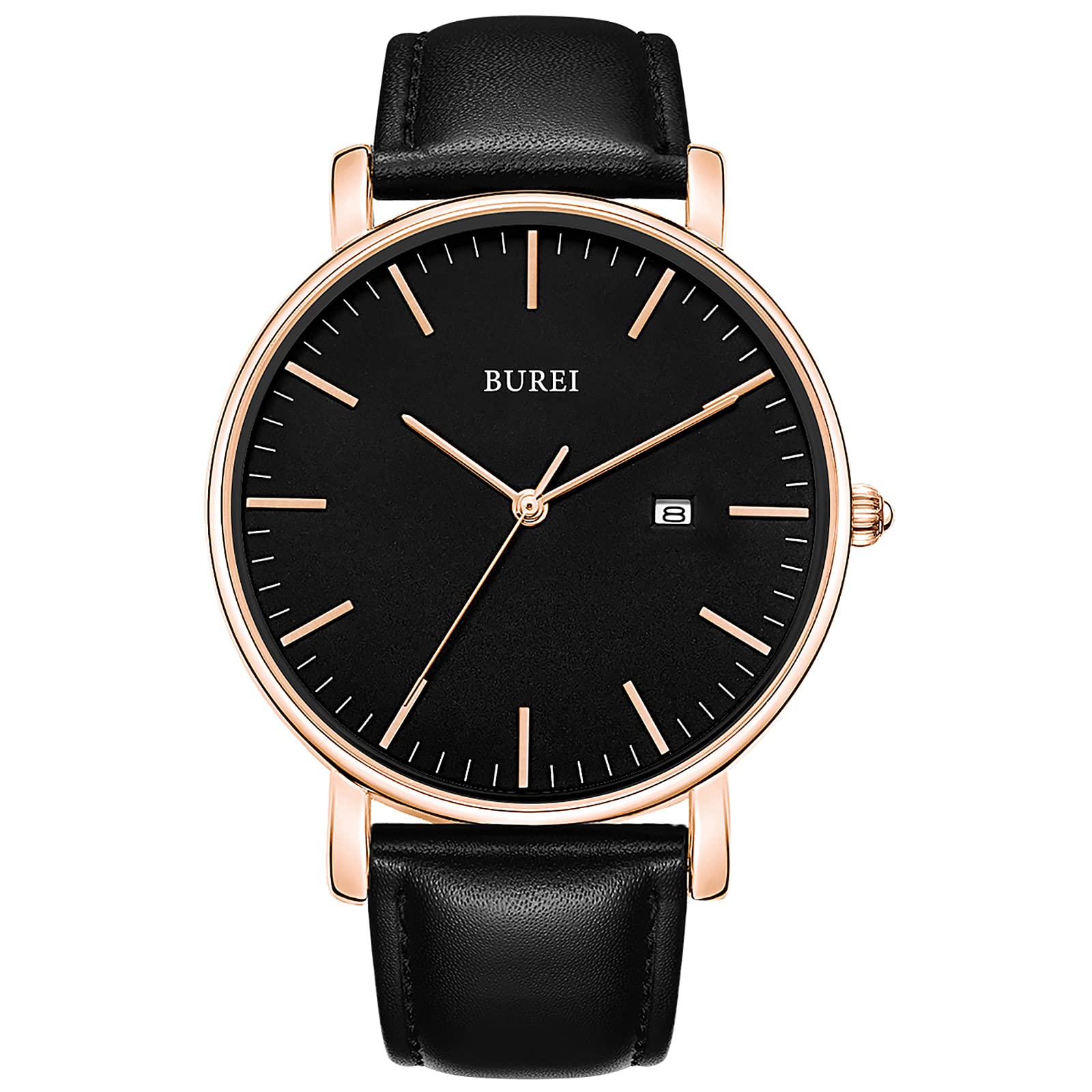 BUREI Men's Watches, Classic Analogue Dial with Date Japanese Quartz and Ultra-Thin Stainless Steel Mesh Band (Black Rose Gold, Leather)
