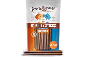 Jack&Pup 6 Inch Standard Bully Sticks for Dogs (25 Pack) Odor Free Bully Sticks for Large Dogs, All Natural Beef Pizzle Sticks
