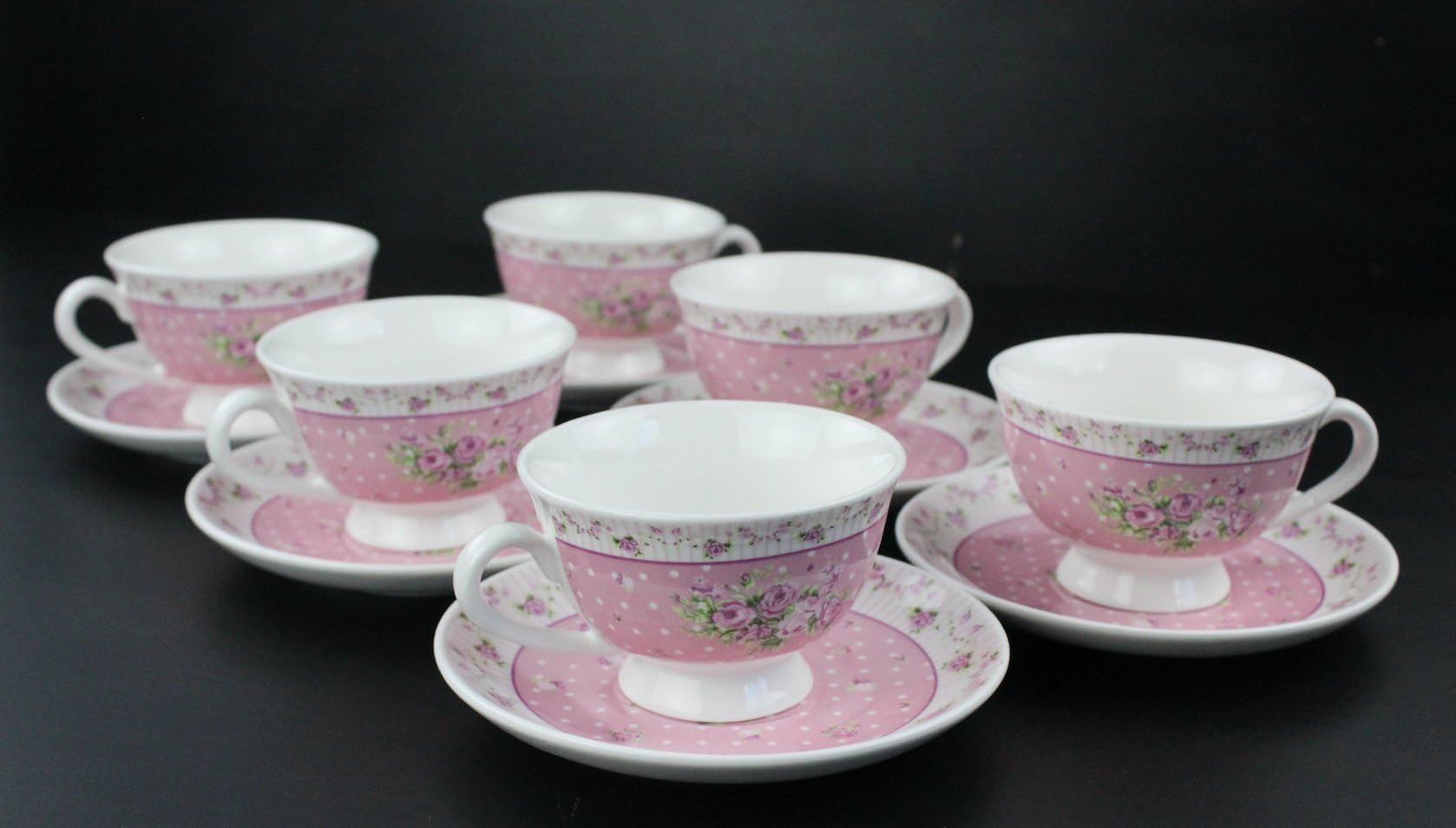 Shabby Chic Tea Set Floral Pink Blue Set 6 Cups Gift Set Retro Vintage Style (Pink Set)