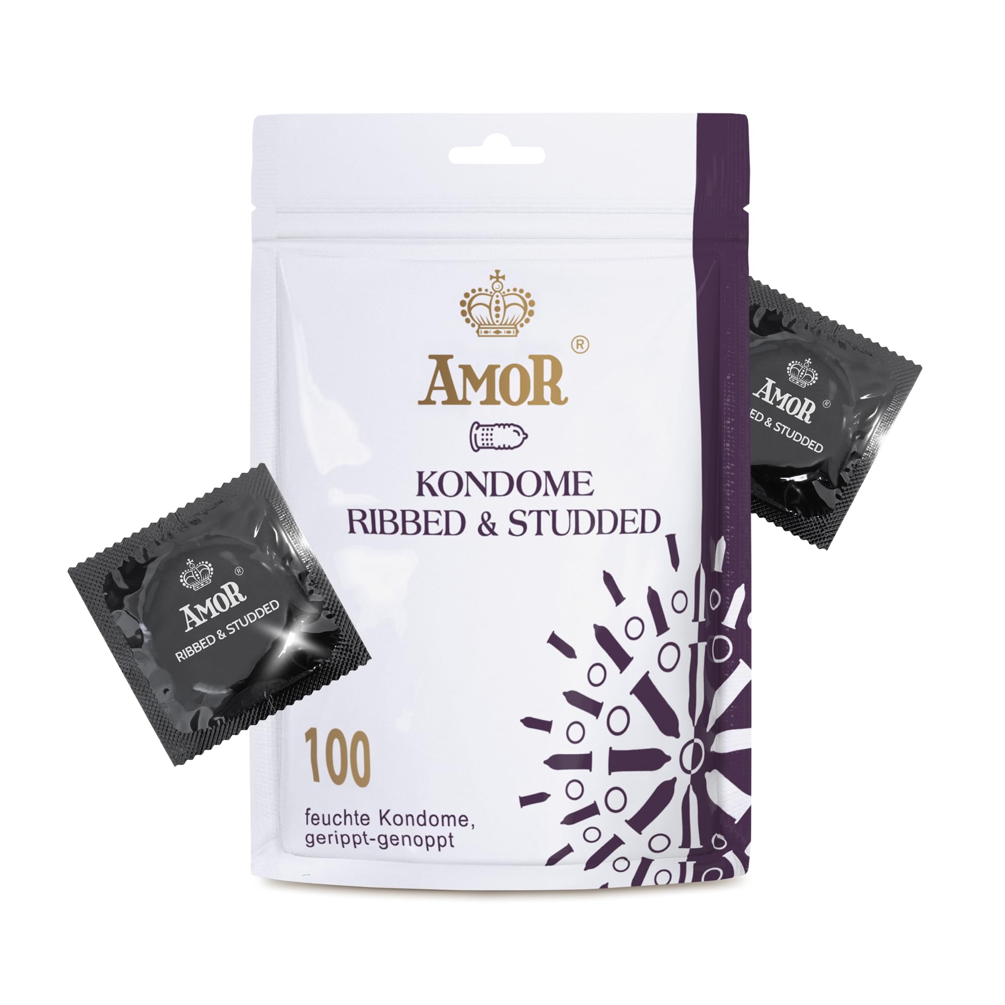 AMOR Premium Condoms Ribbed-Dotted, Ø 54 mm, Transparent, Pack of 100