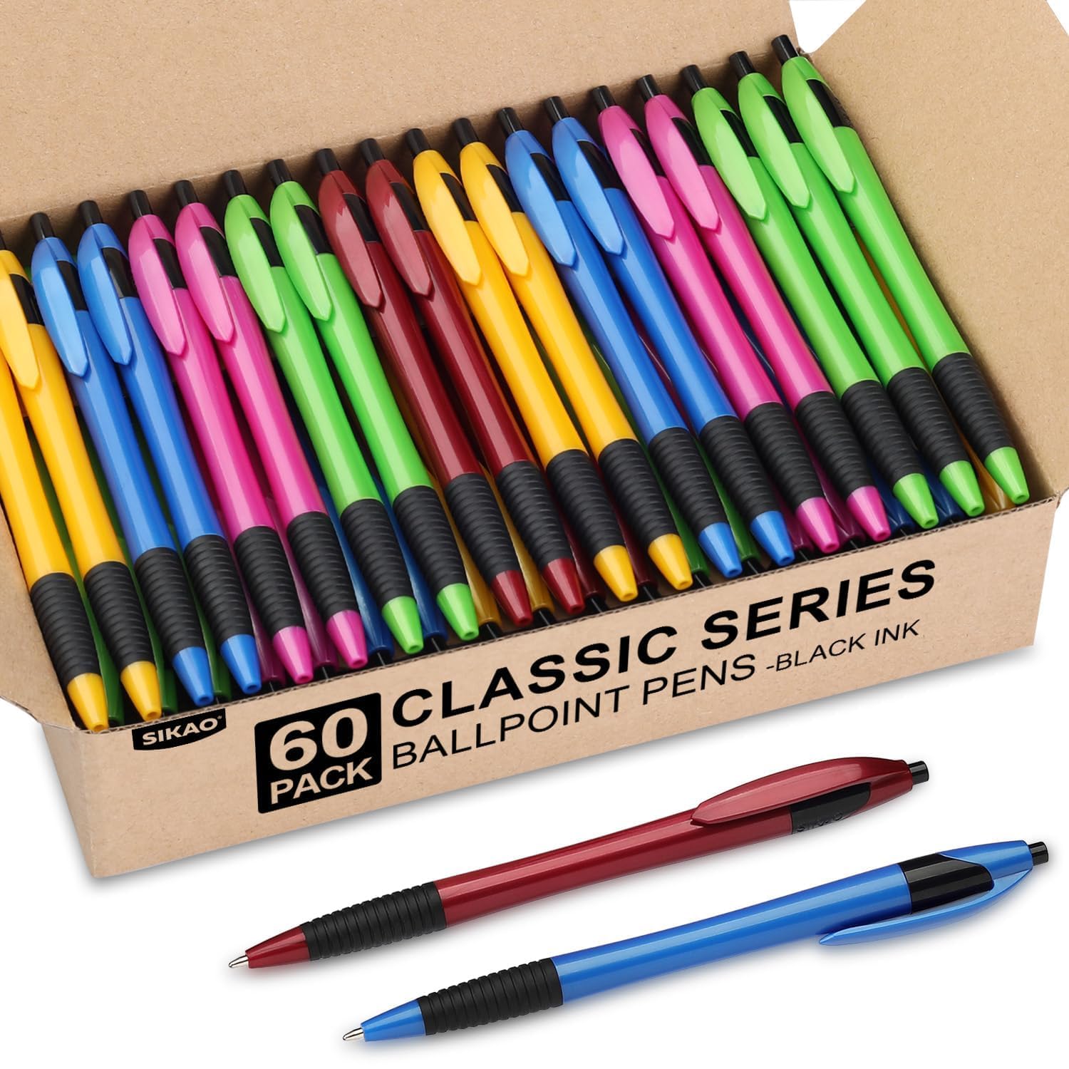 Sikao Pens Bulk, 60 Pack Gripped Slimster Ballpoint Pens Black Ink 1.0mm Medium Point Smooth Writing, Click with Comfort Grip for Teachers, Students, Restaurant Servers, School & Office Use