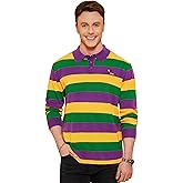 Arvilhill Men's Mardi Gras Polo Shirt Fat Tuesday Striped Long Sleeve Golf Shirt (S-3XL)