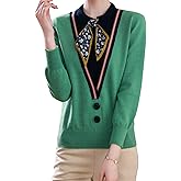 LAI MENG FIVE CATS Women's Fall Tie Neck Sweater Shirt Long Sleeve Patchwork Knit Retro Pullover Tops