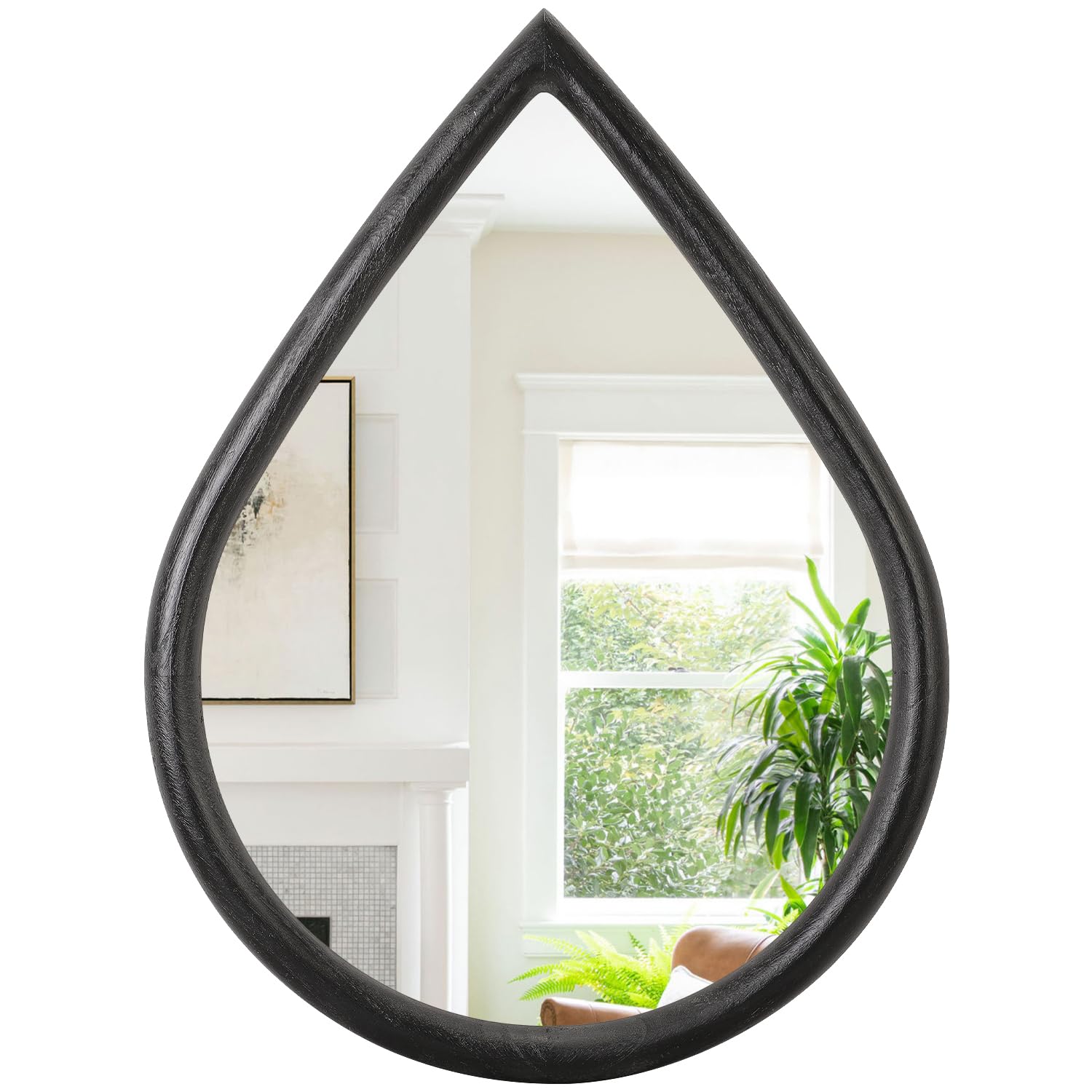 FEUFOAM Black Wood Frame Mirror Large Teardrop Hanging Mirror Farmhouse Rustic Decorative Wall-Mounted Mirrors for Bathroom Living Room Vanity Entry Hall 50x40cm