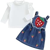 Gureui Toddler Baby Girl Suspender Skirt Ruffle Sweatshirt Strawberry Jeans Dress Fall Winter Outfit