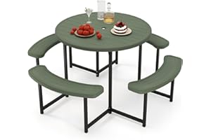 Giantex Picnic Table Bench Set for 4-8 Person, Round 37” Outdoor Dining Table w/Umbrella Hole, HDPE Tabletop, Metal Frame, Patio Furniture Set for Backyard Porch Lawn, 1400lb Capacity (Green,Round)