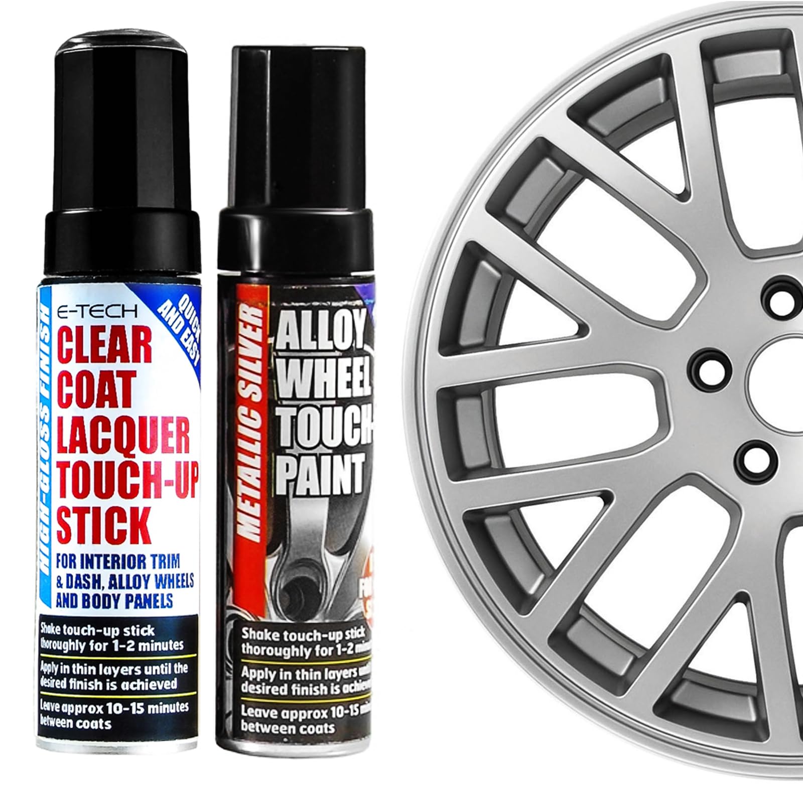 E-TECH Alloy Wheel Touch Up Twin Pack - 1 x Metallic Silver and 1 x Clear Lacquer