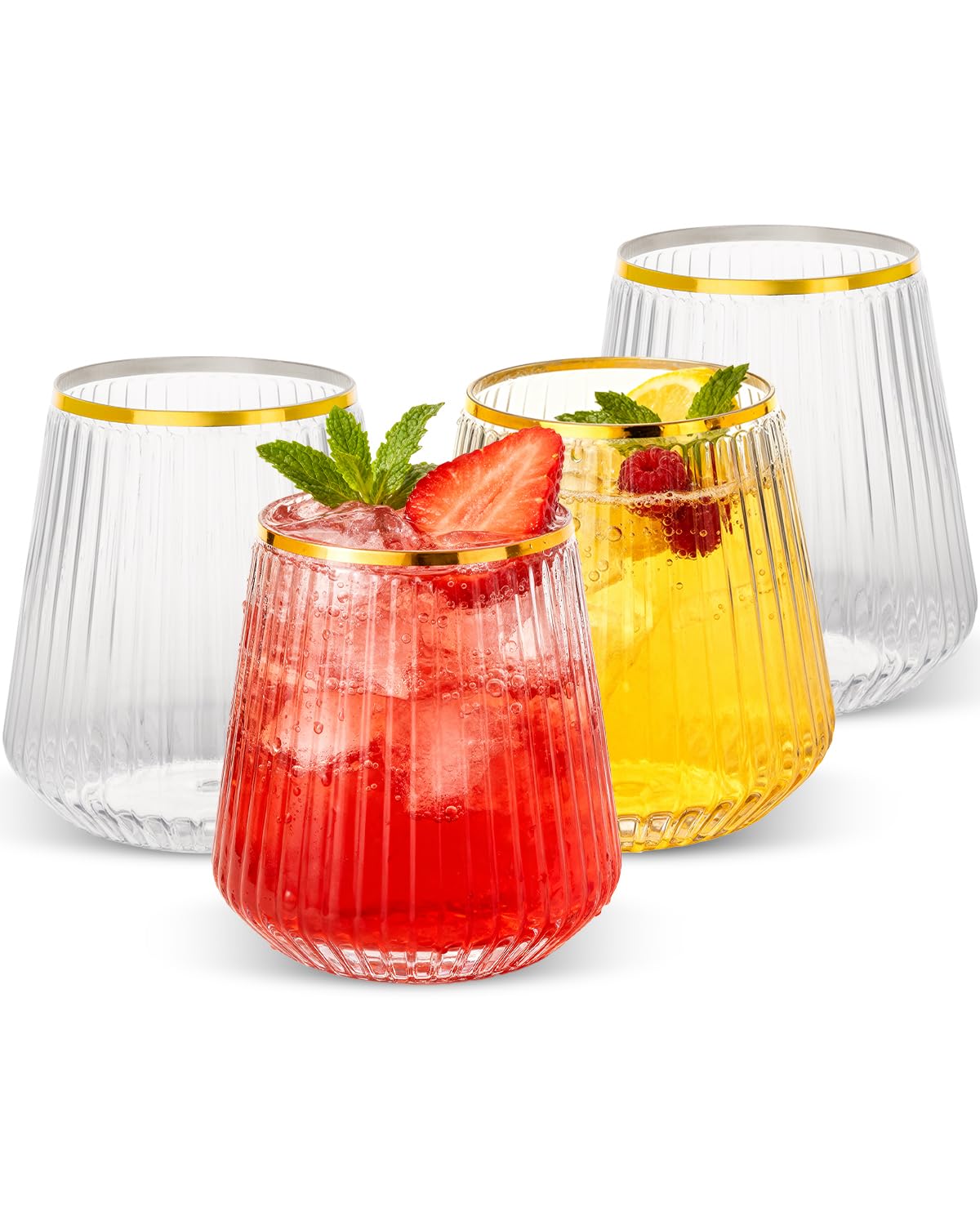 Photo 1 of Goodluck 36 Pack 12oz Stemless Plastic Wine Glasses – Clear Ribbed Cups with Gold Rim, Fancy Reusable Disposable Drinkware for Weddings, Parties, Bars, Indoor and Outdoor Events