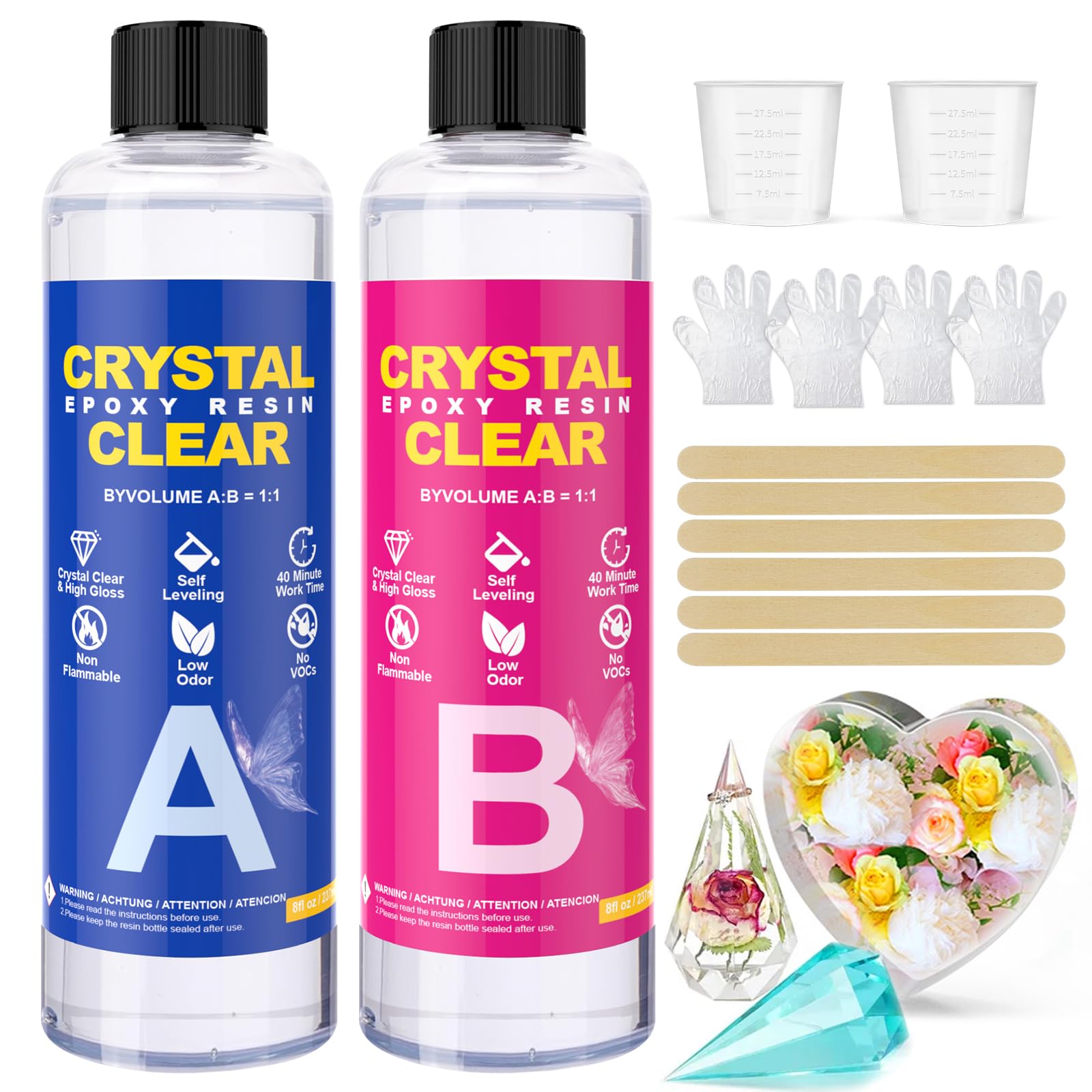 Epoxy Resin Kit 16oz/474ml - Crystal Clear, No Yellowing, No Bubbles, Best for DIY, Crafts, Beginners, Easy 1:1 Ratio