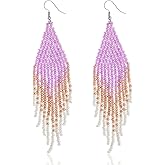 Native Beaded Tassel Earrings Boho - Handmade Seed Bead Statement Fringe Drop Earrings for Women Dangling