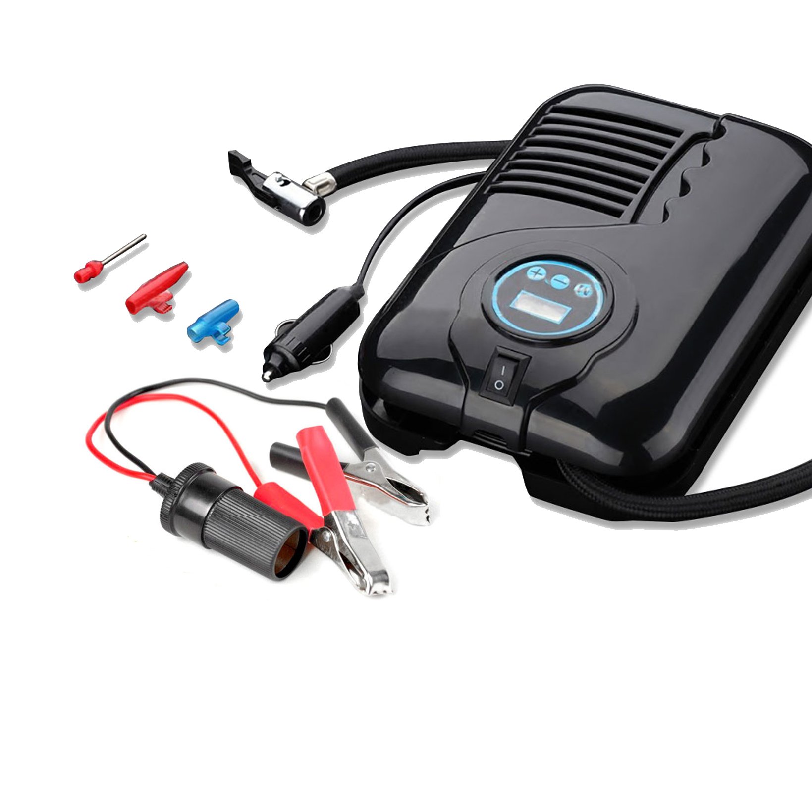 NUZAMAS Tire Inflator Portable 150PIS 15L/min Air Compressor with LED Digital Pressure Gauge 100 PSI 3 Valve Adapters, 3M/ 10 FEET Cord with 12V DC Cigarette Plug & Free Alligator Clips