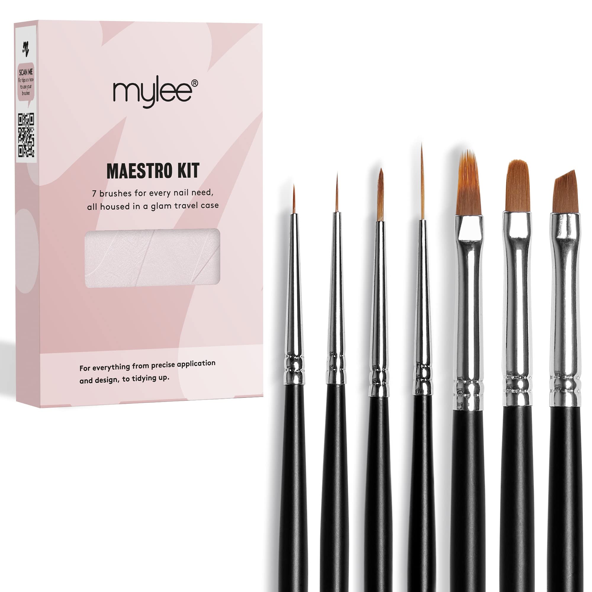 Mylee Maestro Nail Brush Kit, 7x Brushes Design for Gel Nail Art & Polish Application, Oval, Angled, Ombre, Fine, Professional Quality Manicure Painting Tool, Liner Drawing Pen, for Home & Salon Use
