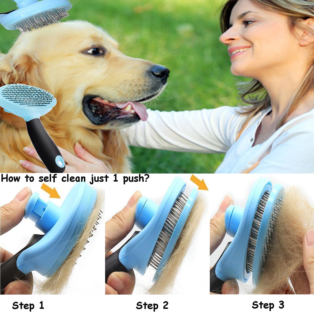 JAchoice Slicker Brush Self Cleaning Pet Grooming Comb Long Hair Pets Brush Ball Type Stainless Steel Comfortable & Safe Pet Hair Removal Brush for All Dogs Cats Rabbits with Long Thick Hair