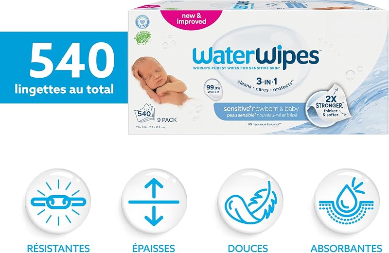 Peau Sensible+ Lingettes Nouveau-Né et Bébé, 9 Paquets
