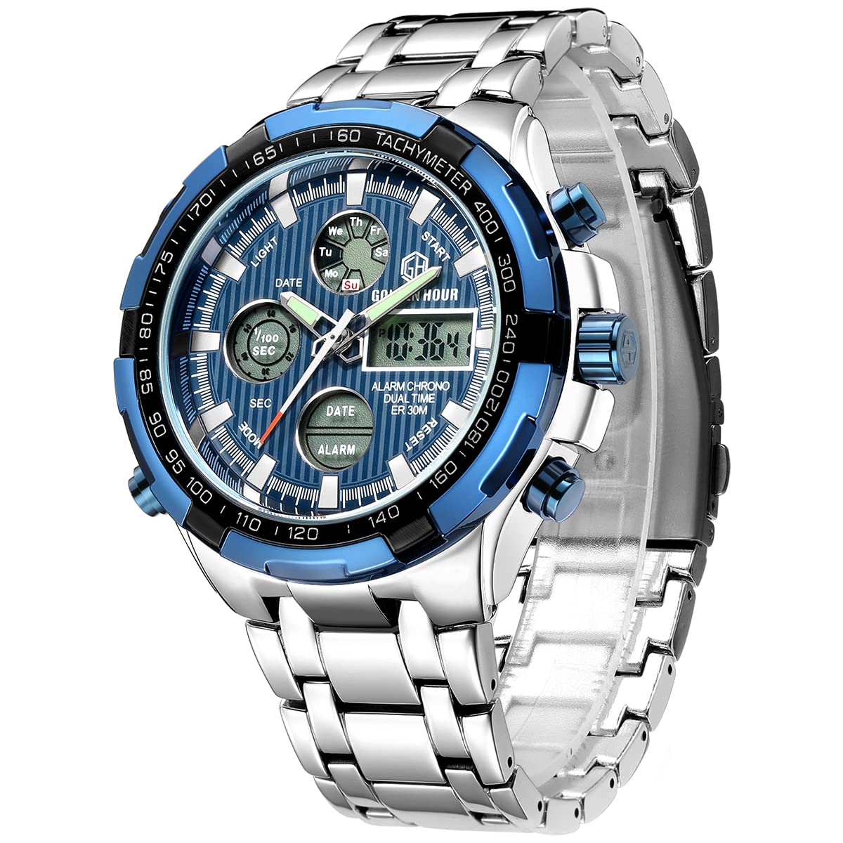 GOLDEN HOUR Luxury Stainless Steel Analog Digital Watches for Men Male Outdoor Sport Waterproof Big Heavy Wristwatch (Silver Blue)