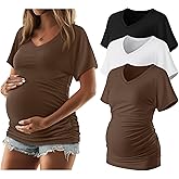 Ficerd 3 Packs Womens Maternity Shirts V Neck Dolman Short Sleeve Loose Side Ruched Tunic Tops Pregnancy Clothes