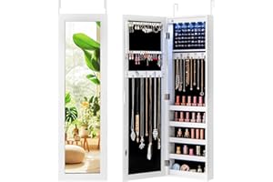 Giantex Wall or Door Mounted Jewelry Cabinet with Full Length Mirror, Over The Door Jewelry Armoire Organizer with Lights, Large Storage with Necklace Hooks, Earring Slots & Shelves (White)