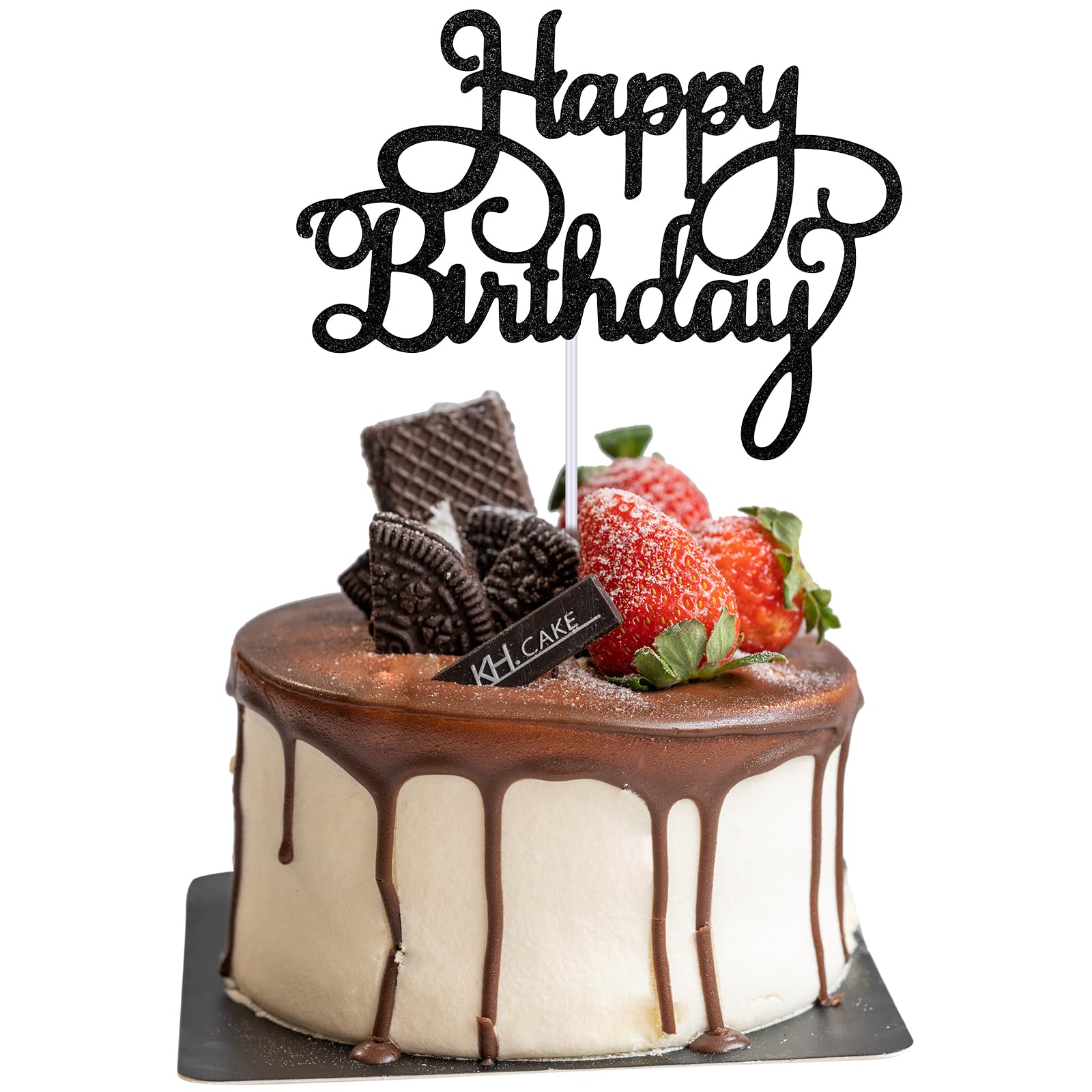 Photo 1 of Piriuuo Happy Birthday Cake Topper Glitter 'Happy Birthday' Cake Pick Black