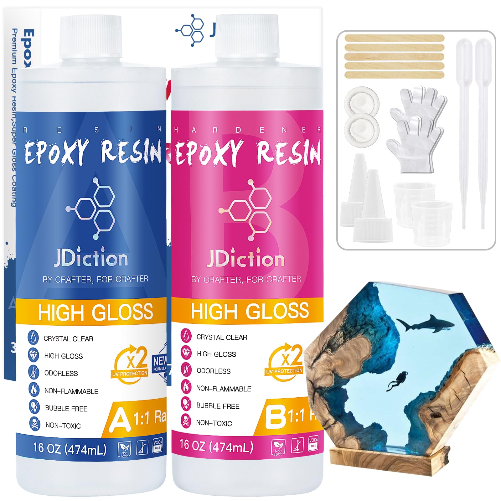 JDiction Epoxy Resin High Gloss 32oz - Crystal Clear Resin and Hardener, Bubble Free Coating and Casting Epoxy Kit for River Table Top, Art, Jewelry, Wood, 1:1 Ratio with Sticks, Cups and Gloves