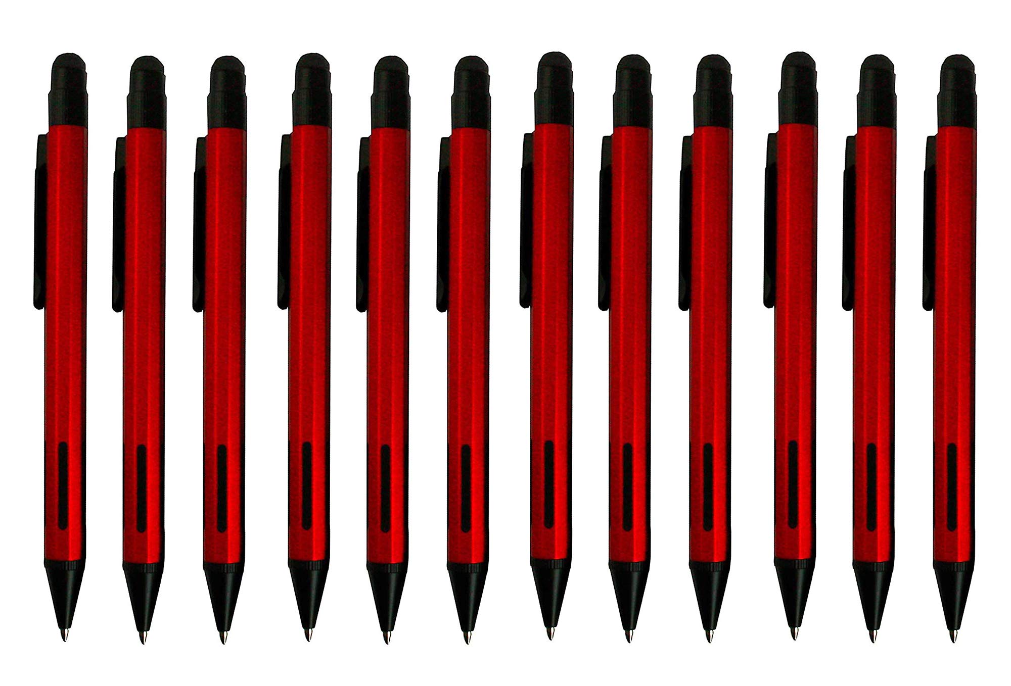 Emartbuy Pack of 12 Smooth Writing Brushed Metal Ball Point Pens With Stylus Blue Ink - Red