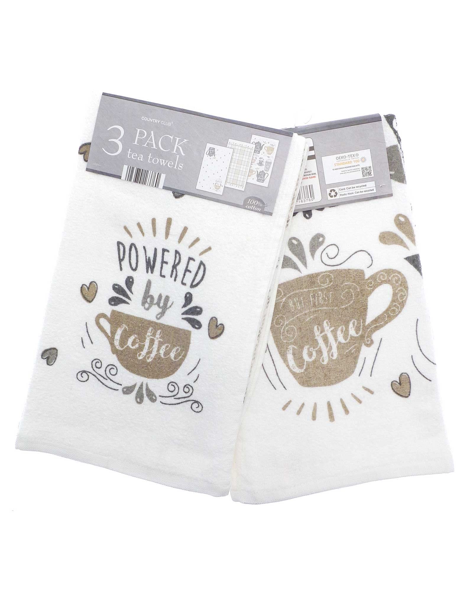 COUNTRY CLUB Pack of 3 Tea Towels - 100% Cotton - 30+ Designs to choose from - Great Value Gift Idea Essential for any home (Let's Have Coffee)