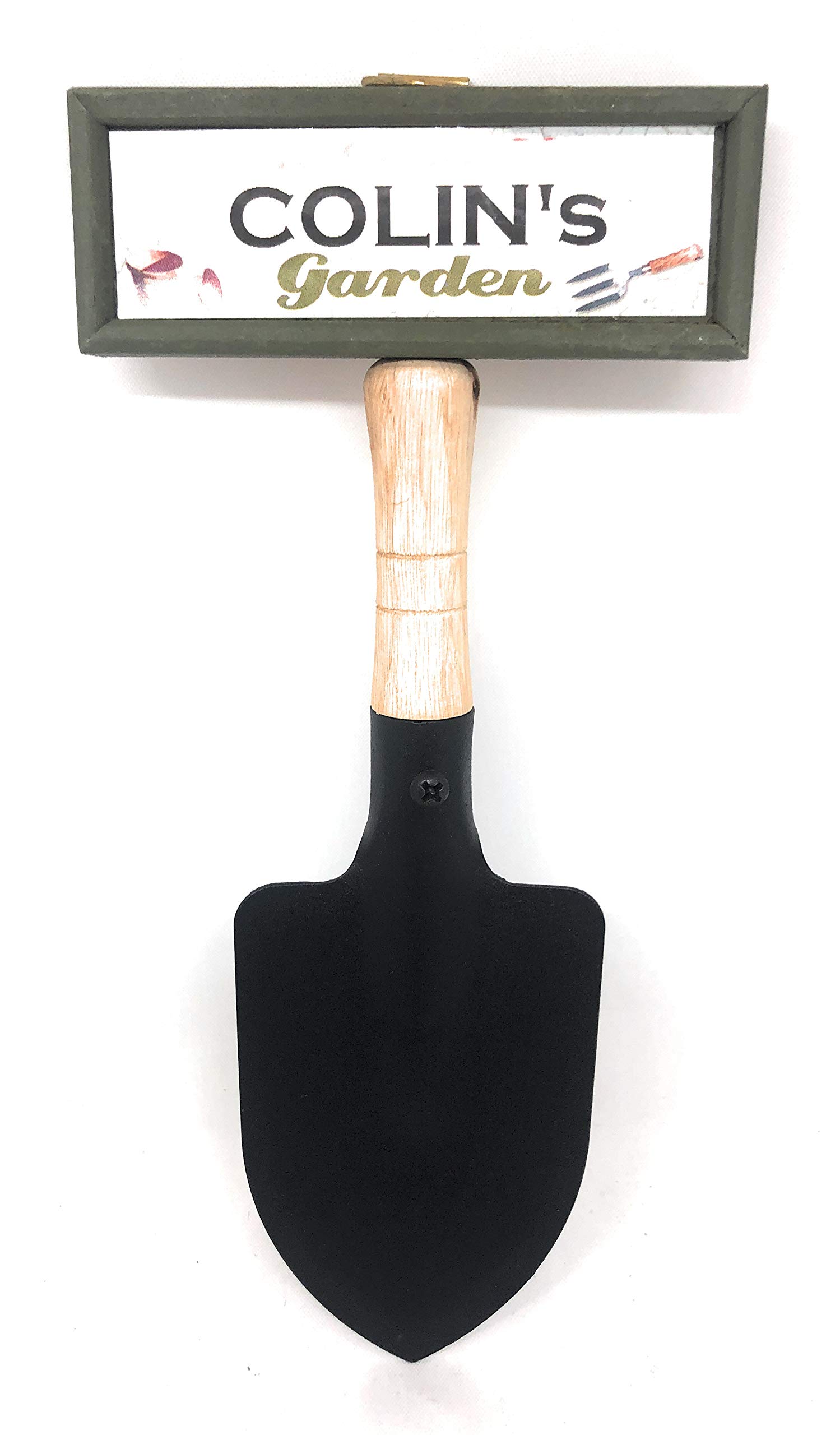 "Welcome to Colin's garden" hanging shovel sign