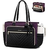 LOVEVOOK Tote Bag, Laptop Bag for Women with Large Cup Holder, Work Teacher Tote Bag with Large Cup Holder, Nurse Diaper Bag for Travel, Women's Handbags for Teacher gift, Black-Purple, 15.6 Inch