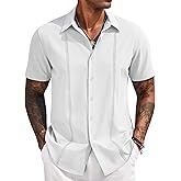 COOFANDY Men's Cuban Guayabera Short Sleeve Shirt Casual Beach Summer Button Down Shirts, White, S