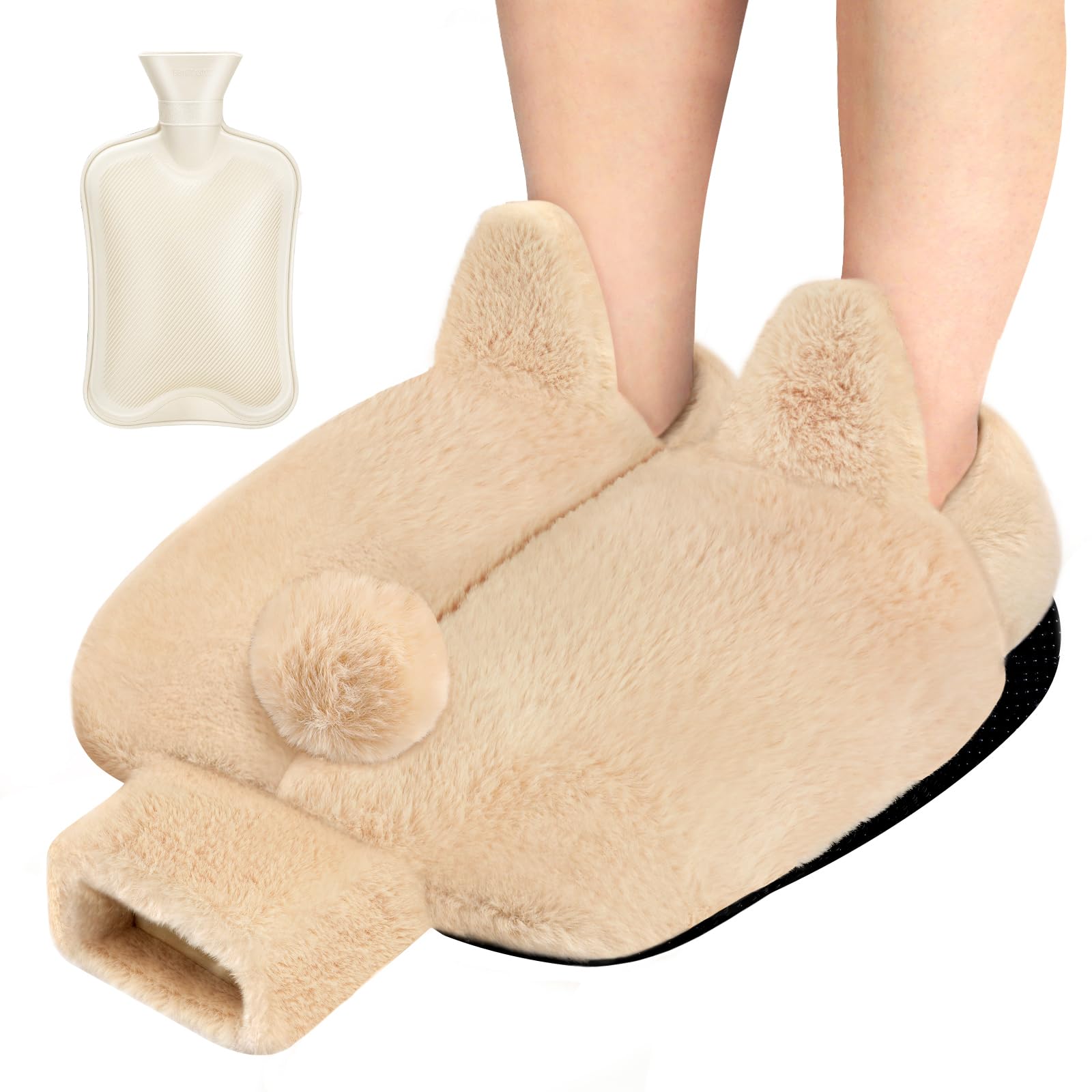 BEGKYA Foot Warmer Non Electric, Heated Slippers for Women and Men, 40x36cm Feet Warmers for Winter, 2L Hot Water Bottle Slippers Cushion Washable and Removable, Heated Foot Warmers Pad (Beige)