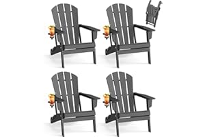 BRIOPAWS Folding-Adirondack-Chairs Set of 4 | HDPE Plastic | Fire Pit Chair | Cup Holder | Curved Back | All Weather | for Outdoor Backyard Deck Patio | Grey