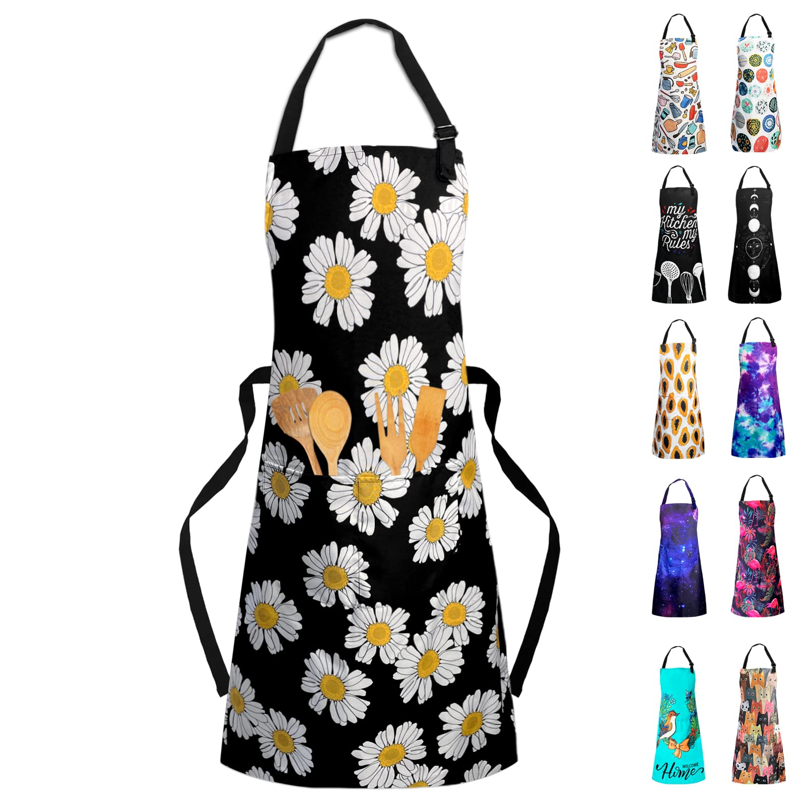 Sosolong Adjustable Waterproof Apron Bib Apron with 2 Pockets Cooking Kitchen Aprons for Women Men Chef, Adult Gifts, Daisies…