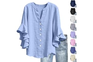 3/4 Ruffle Sleeve Cotton Linen Shirts for Women Dressy V Neck Beach Tunic Tops Elegant Summer Casual Work Blouses