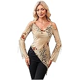 MakeMeChic Women's Y2K Cold Shoulder Cheetah Floral Print Top Asymmetrical Ruffle Shirt