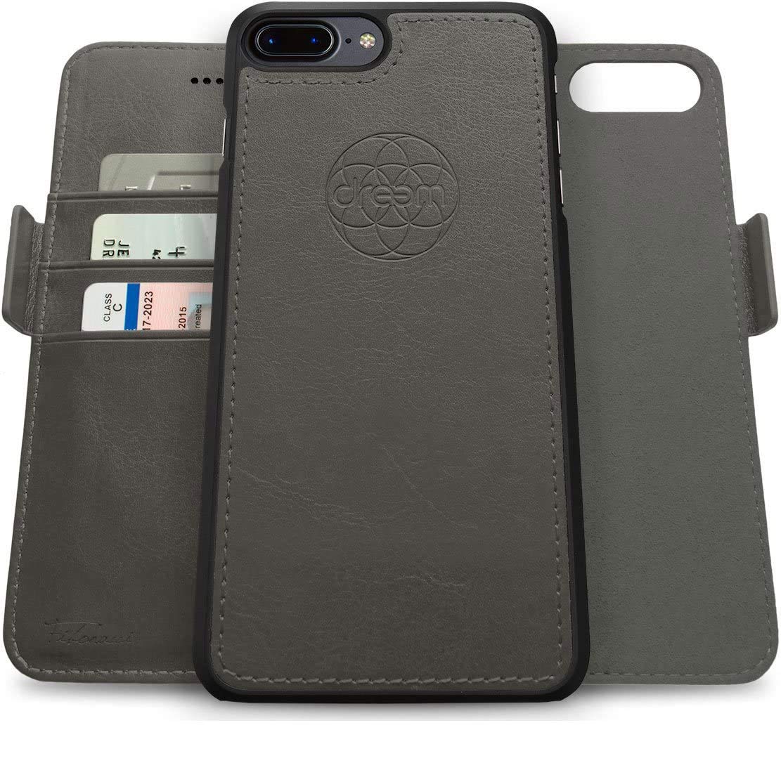 DreemFibonacci 2-in-1 Wallet Case for Apple iPhone 8 Plus & 7 Plus - Luxury Vegan Leather, Magnetic Detachable Shockproof Phone Case, RFID Card Protection, 2-Way Flip Stand - Grey
