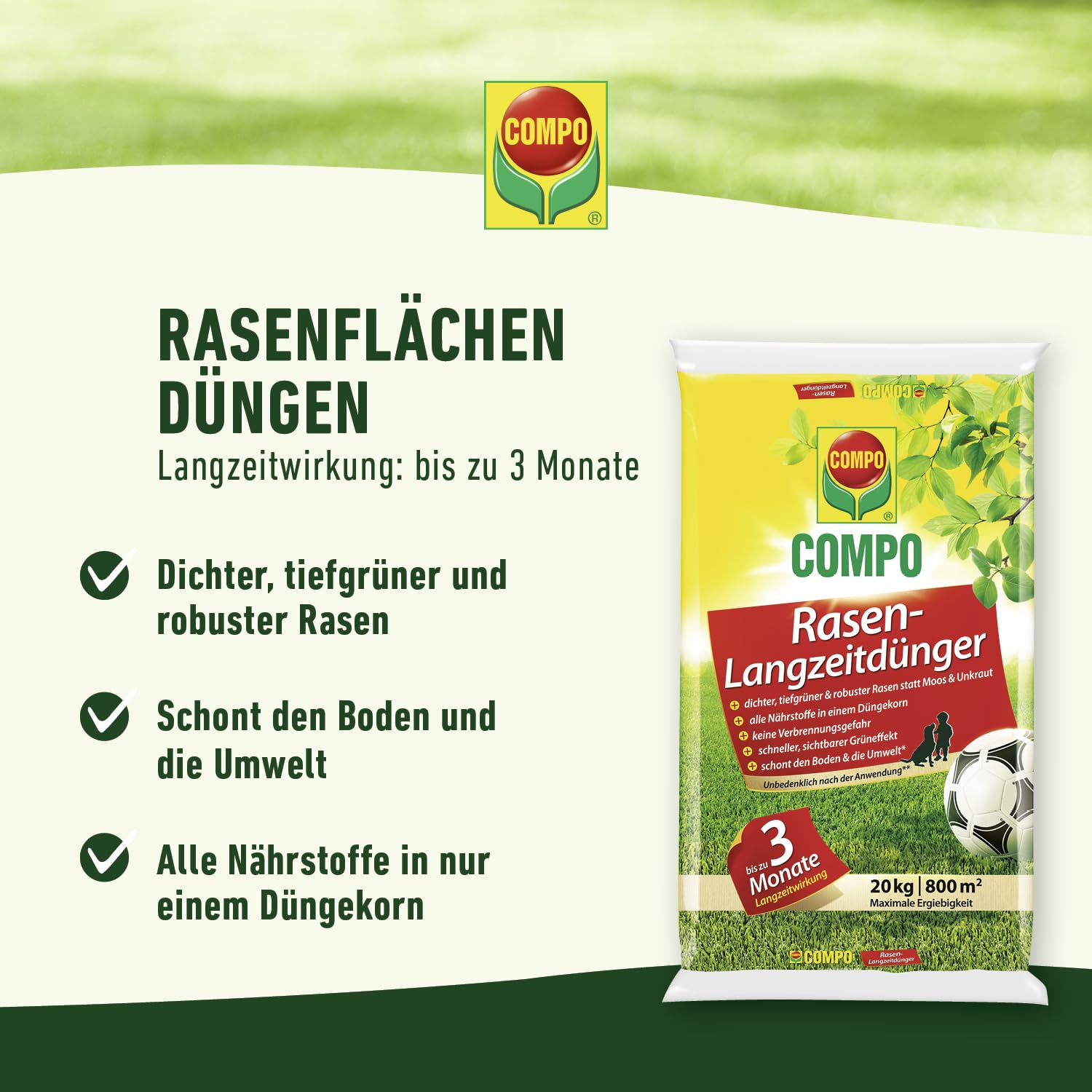 COMPO Rasendünger mit 3 Monaten Langzeitwirkung für Frühjahr und Sommer - tierfreundlich - Premium Rasen-Langzeitdünger - 20 kg für 800 m² - 20 kg für 800 m² 9