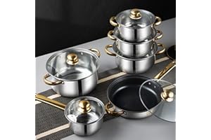SustVita Kitchen Pots Set with Gold Handle, 12Pcs Stainless Steel Cookware Set, Multifunctional Cooking Pots and Pans for Eas