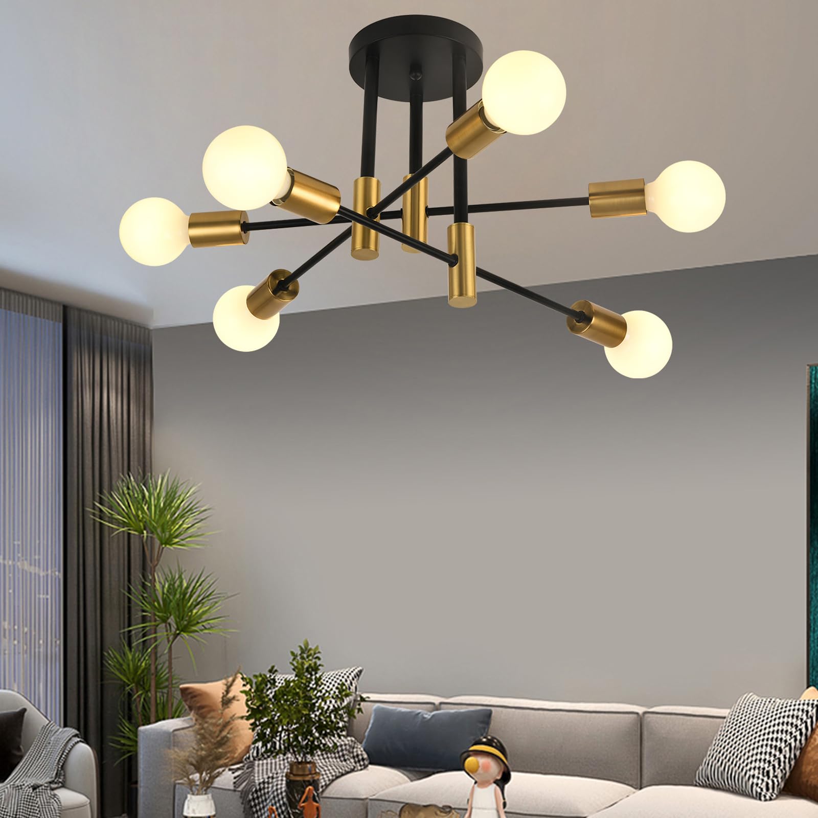 ZYDTRIP Sputnik Chandelier, Industrial Semi Flush Mount, Gold 6-Light Modern Ceiling Light for Bedroom, Living Room, Dining Room, Kitchen, Office, Hallway