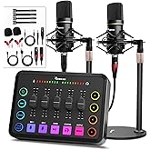 Podcast Equipment Bundle for 2, RGB Audio Interface with XLR Condenser Microphone, and 3.5mm Mic, Mute,48V Phantom Power for Streaming,Gaming,Recording-Black (H1)
