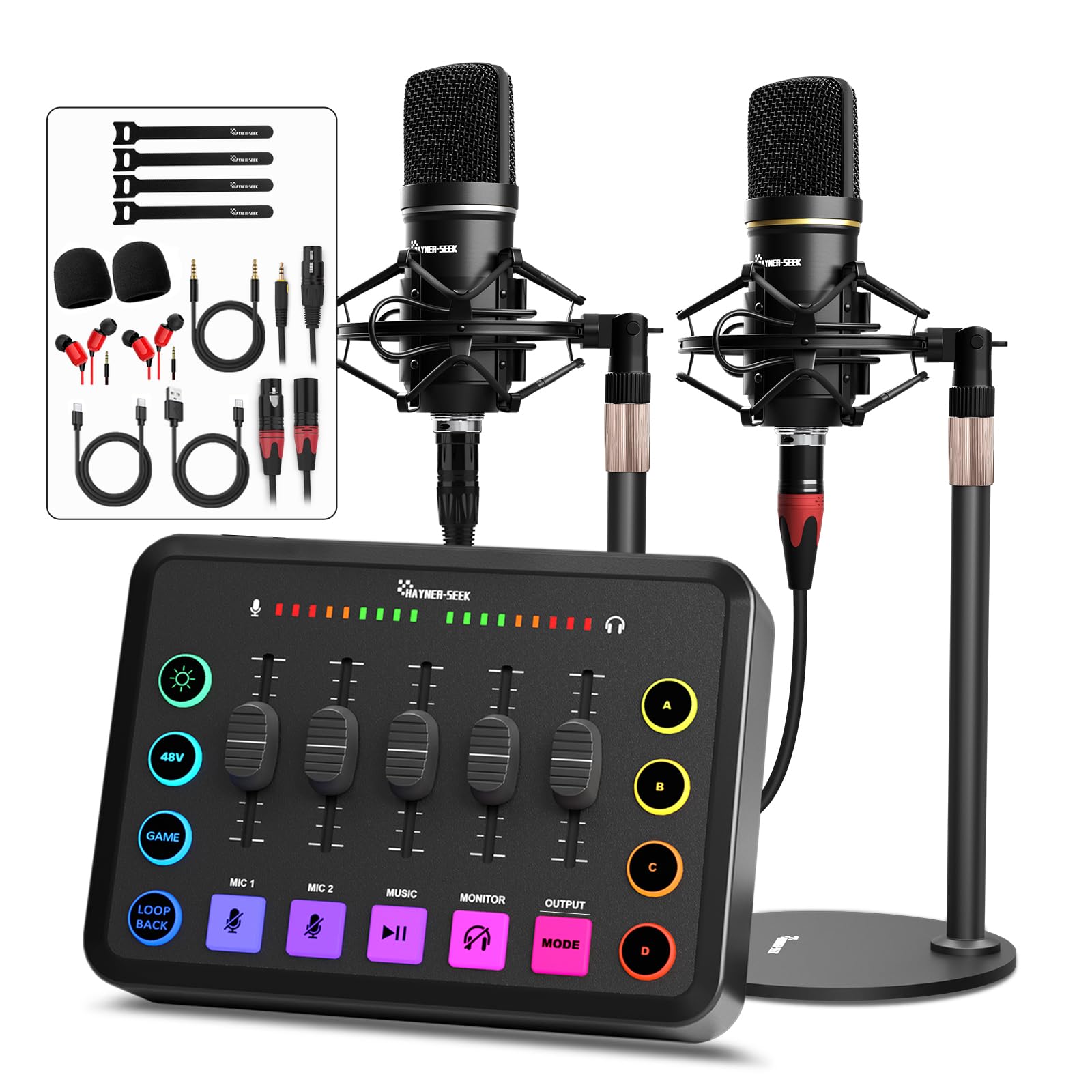 Photo 1 of Podcast Equipment Bundle for 2, RGB Audio Interface with XLR Condenser Microphone, and 3.5mm Mic, Mute,48V Phantom Power for Streaming,Gaming,Recording-Black (H1)