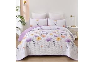DINJOY Floral Quilt Set Queen Size,Purple Bedspread Coverlet Botanical 3 Pieces Summer Quilts Microfiber Lightweight Farmhouse Bedspreads Soft Reversible Bed Cover Sets for All Season(96"x90")