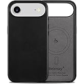 Belemay Handcrafted Full-Grain Vegetable-Tanned Leather Case for iPhone 17 Air, Compatible with MagSafe, Classy Two-Tone Effect, Natural Patina, Camera Control Button, Metal Buttons (6.5"), Black