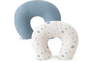 Konssy 2-Pack Muslin Nursing Pillow Covers, Soft & Adorable Nursing Covers for Breastfeeding Pillows, Slipcovers for Newborn Boys & Girls(Blue, Star)