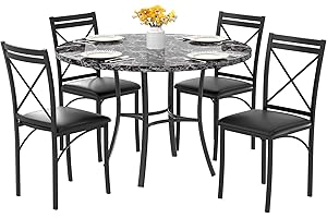 VECELO 5 Piece Dining Table Set for 4, Faux Marble Dinette with Chairs for Kitchen, Breakfast Nook, Small Space, Dark Black